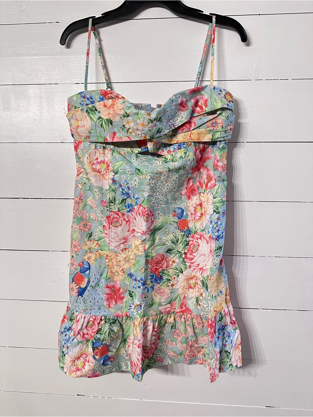 FARM Rio Mint Floral & Pink Parrot Spaghetti Strap Mini Dress